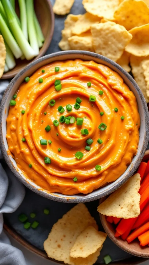 A bowl of creamy Buffalo cauliflower dip topped with green onions, surrounded by chips and veggies.