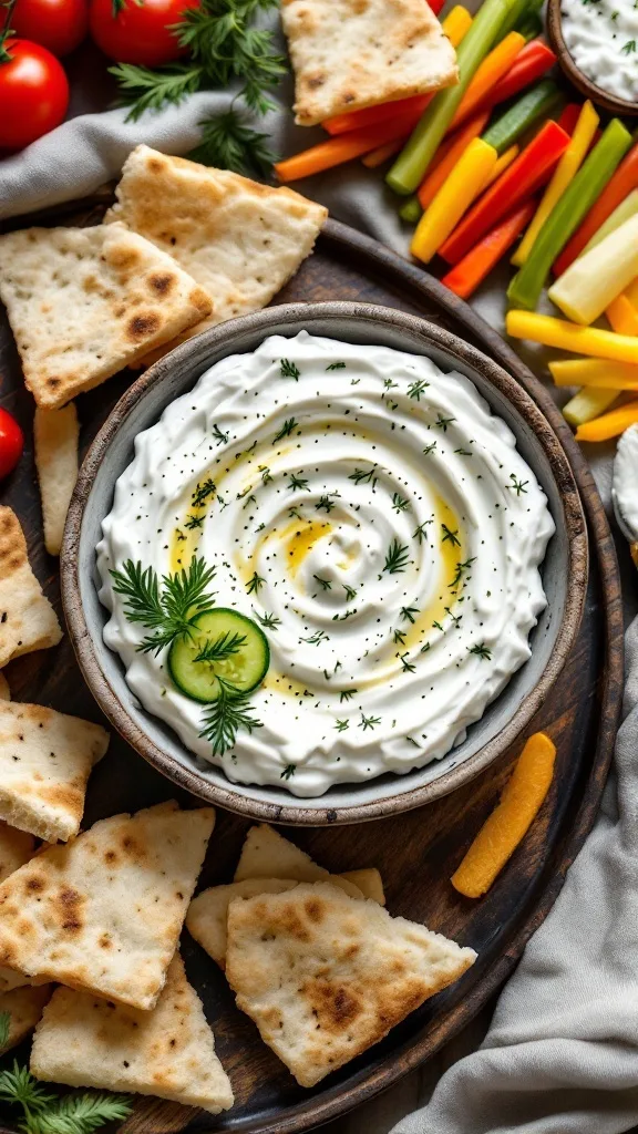 A bowl of homemade tzatziki dip with pita bread and colorful vegetables on the side.