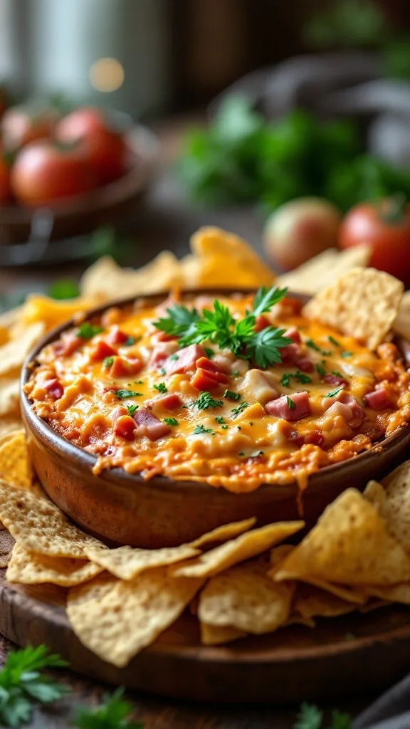 Hot Ham & Swiss Dip served with tortilla chips