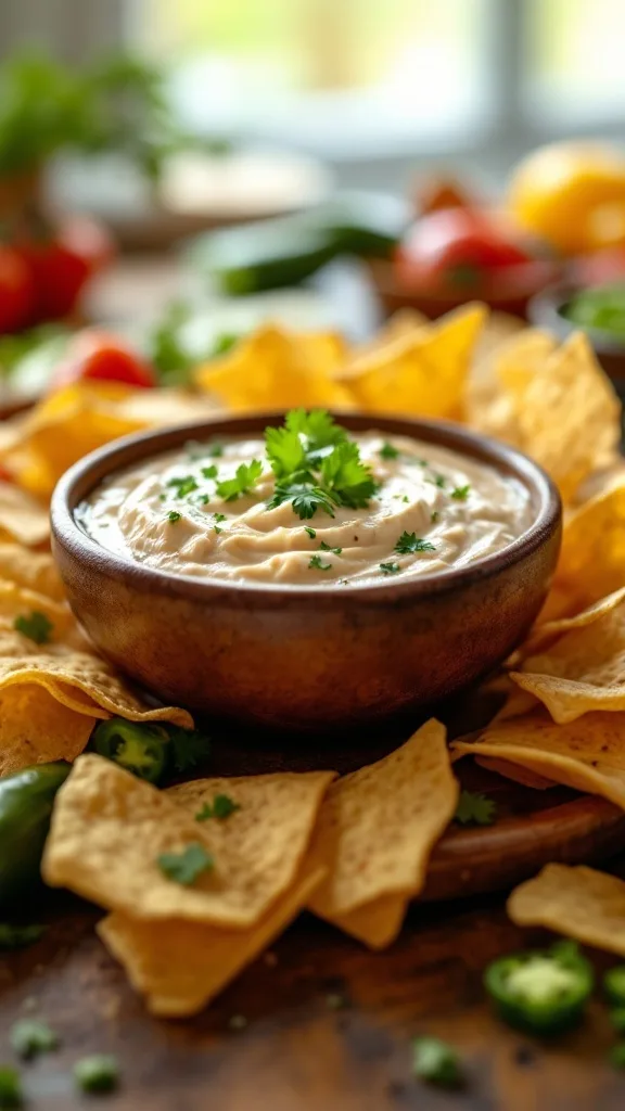 A bowl of hot jalapeño dip surrounded by tortilla chips.