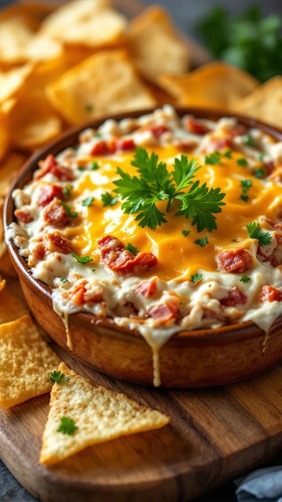 A bowl of hot Reuben dip with melted cheese and crispy chips around it.