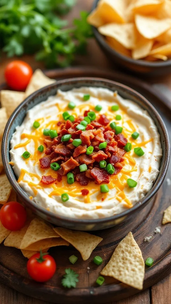 A bowl of Loaded Bacon Dip topped with bacon, cheese, and green onions, surrounded by chips and tomatoes.