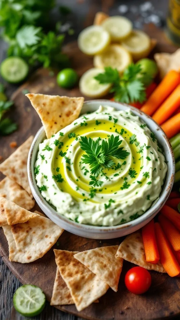 A bowl of cucumber dip garnished with herbs and served with pita chips and veggies.