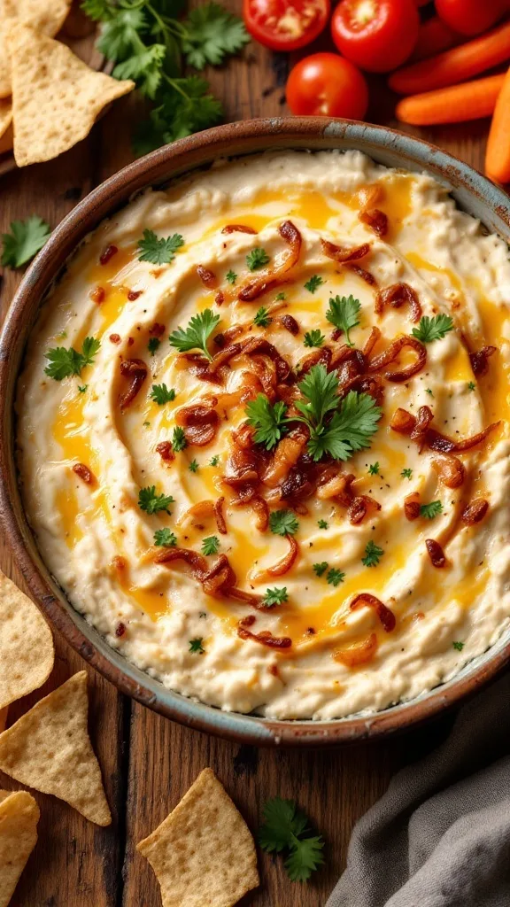 A bowl of Rich Caramelized Onion Dip with chips and vegetables around it.