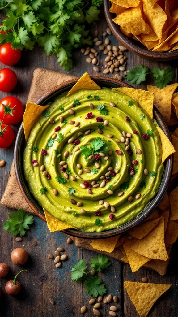 A bowl of Sikil Pak dip surrounded by tortilla chips and fresh ingredients.