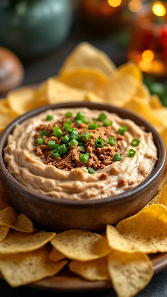 A bowl of smoky pulled pork dip garnished with green onions, surrounded by tortilla chips.