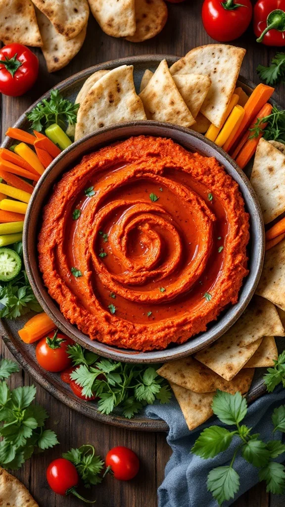 A bowl of smoky roasted red pepper dip surrounded by pita chips and fresh vegetables.