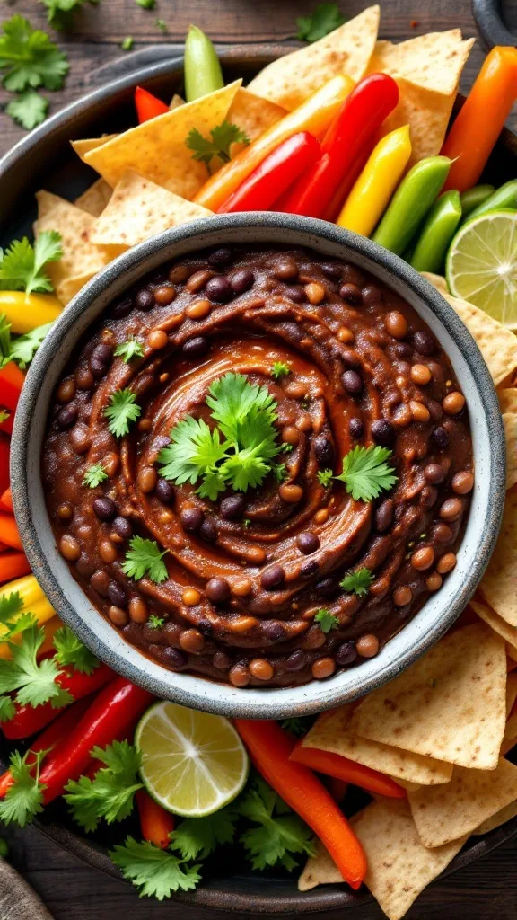 A bowl of spicy black bean dip surrounded by colorful bell peppers and tortilla chips.