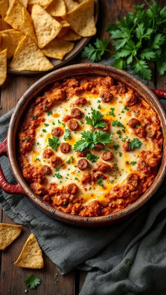 A delicious Spicy Italian Sausage Dip in a serving dish surrounded by tortilla chips.