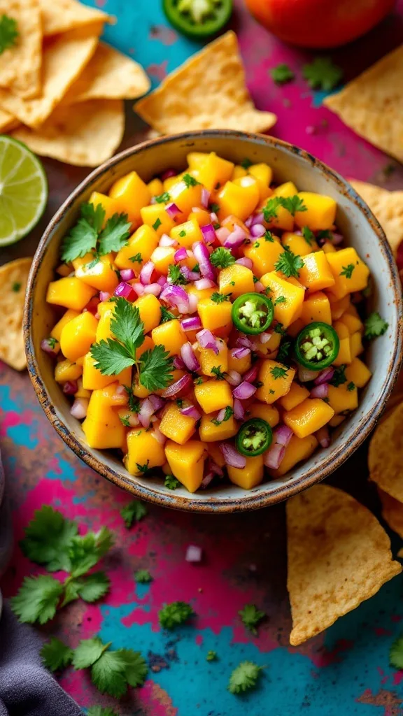 Bowl of sweet and spicy mango salsa with tortilla chips