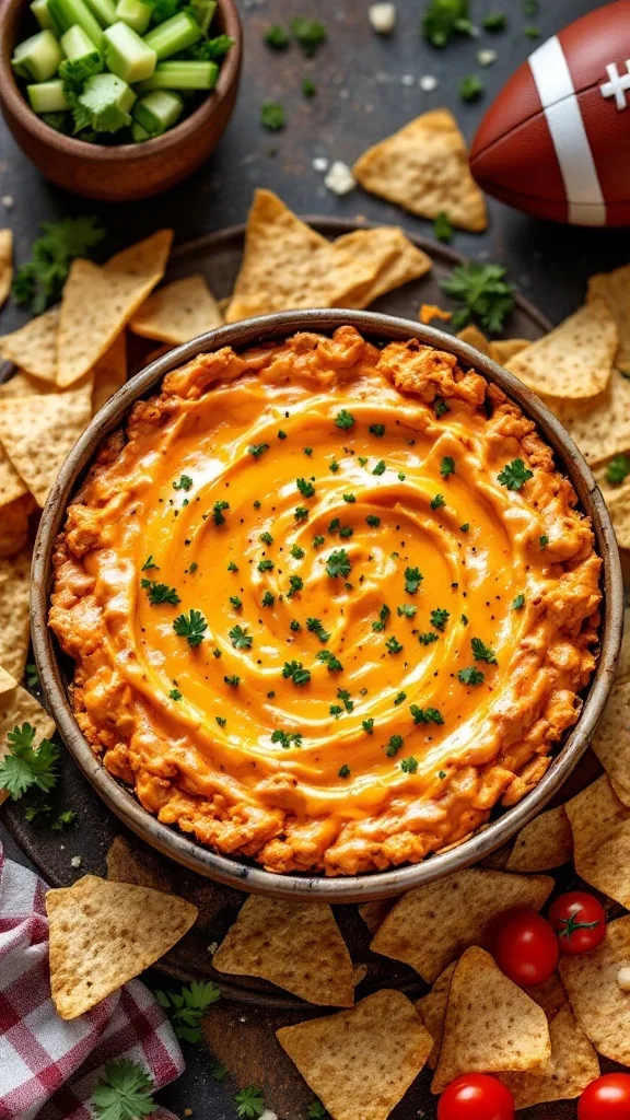 A bowl of Buffalo chicken dip surrounded by tortilla chips and fresh veggies.