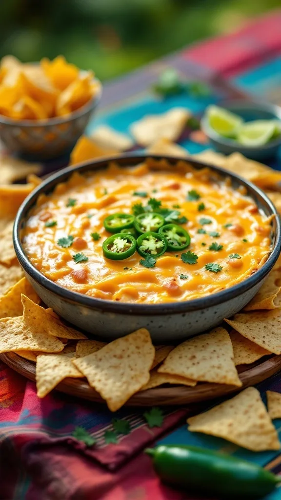 A bowl of nacho cheese dip surrounded by tortilla chips.