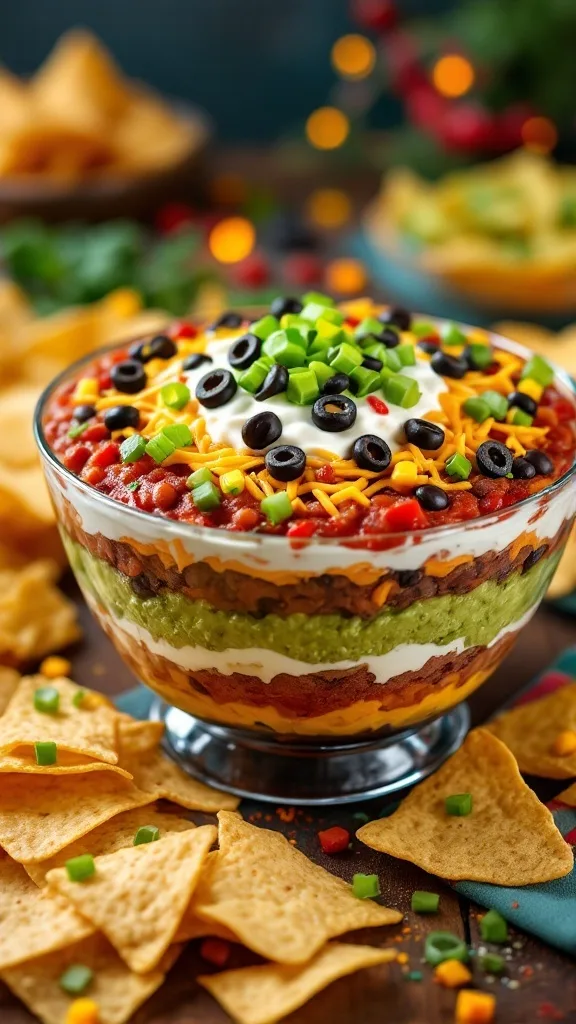 A vibrant seven-layer dip in a glass bowl, surrounded by tortilla chips.