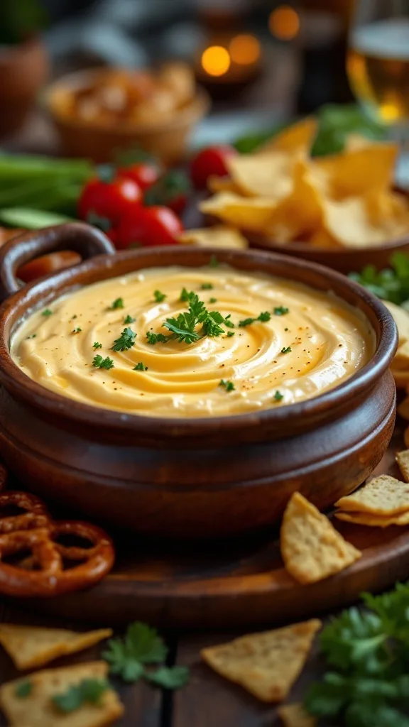 A creamy warm beer cheese dip served in a wooden bowl, garnished with parsley, surrounded by pretzels and tortilla chips.