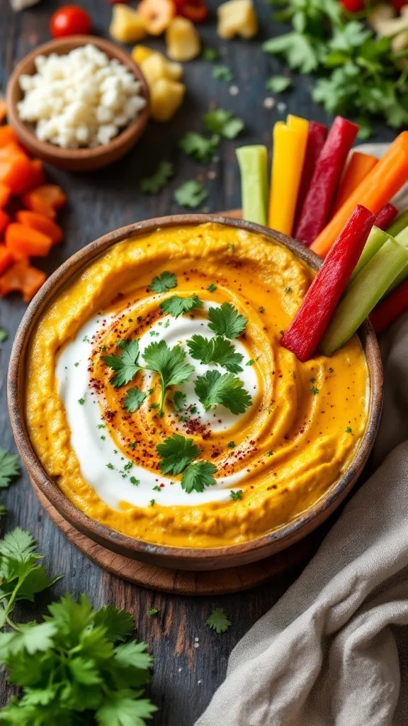 A bowl of vibrant yellow curry dip topped with yogurt and herbs, surrounded by colorful vegetable sticks.