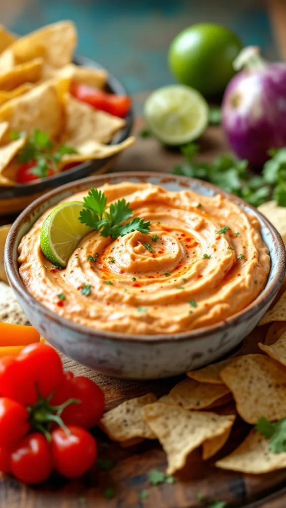 A bowl of zesty sriracha lime dip surrounded by chips and fresh ingredients.
