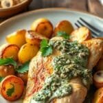Greek Garlic Chicken with Roasted Potatoes and Creamy Mushroom Pesto