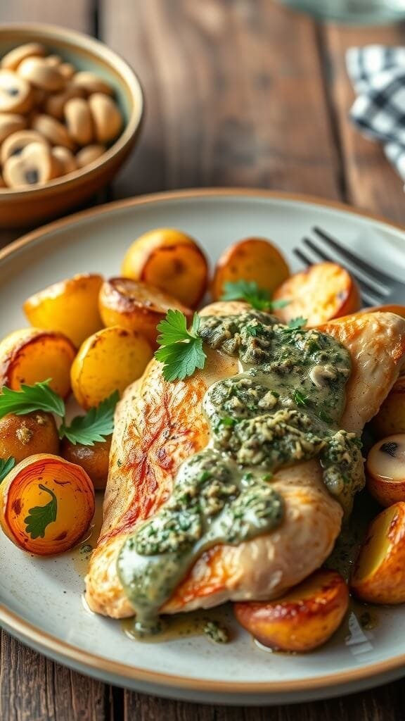 Greek Garlic Chicken with Roasted Potatoes and Creamy Mushroom Pesto