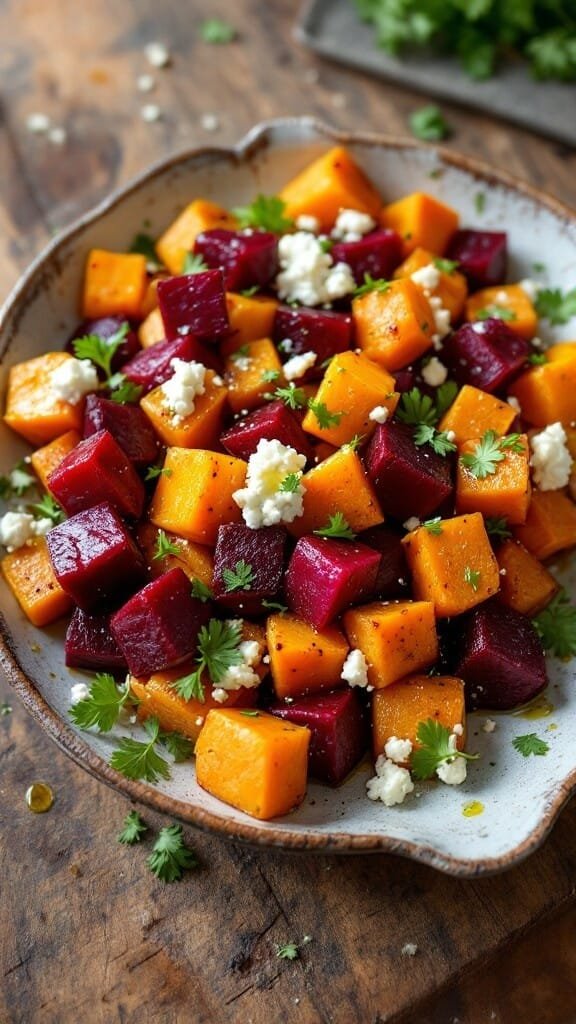 Roasted Beets and Sweet Potatoes With Feta and Cilantro