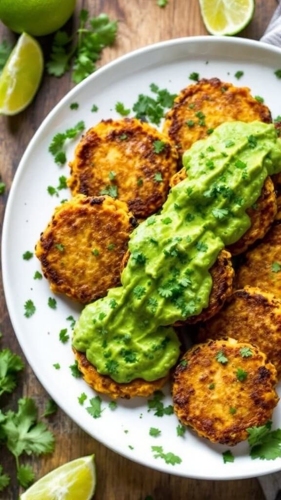 Deliciously Nutritious Sweet Potato and Red Lentil Patties with Creamy Avocado Cilantro Sauce