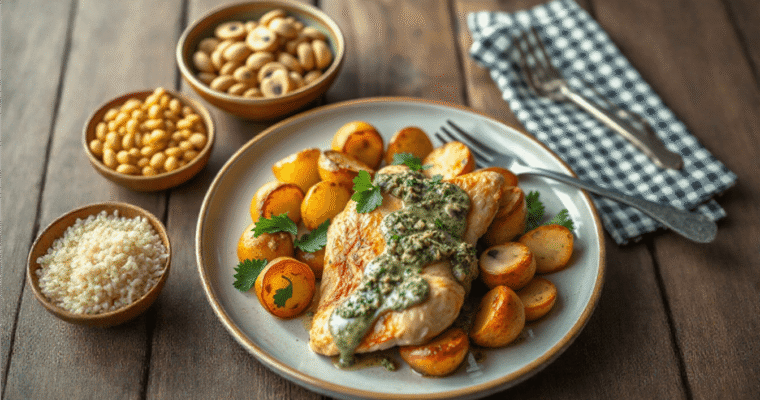 Greek Garlic Chicken with Roasted Potatoes and Creamy Mushroom Pesto