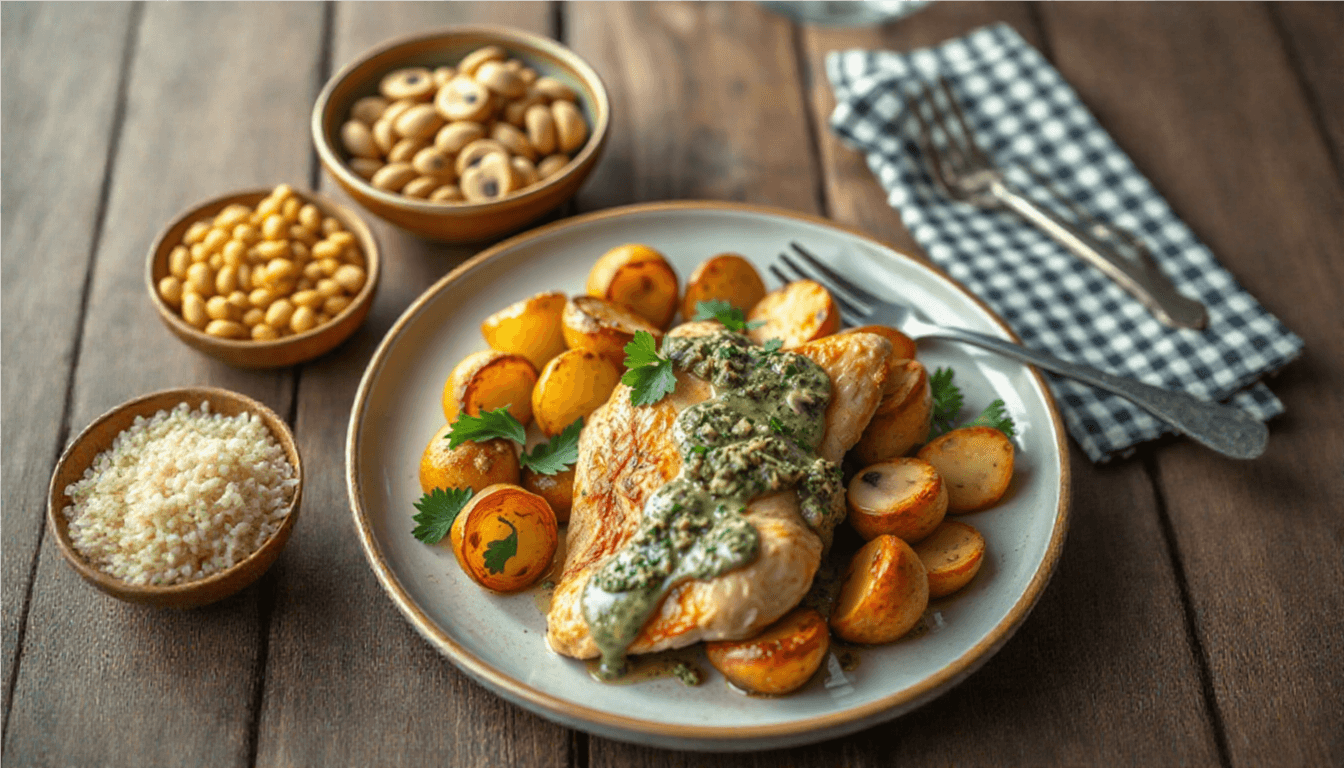 Greek Garlic Chicken with Roasted Potatoes and Creamy Mushroom Pesto