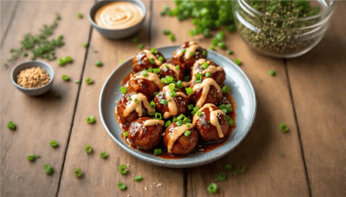 Korean-Style BBQ Meatballs with Spicy Mayo Sauce