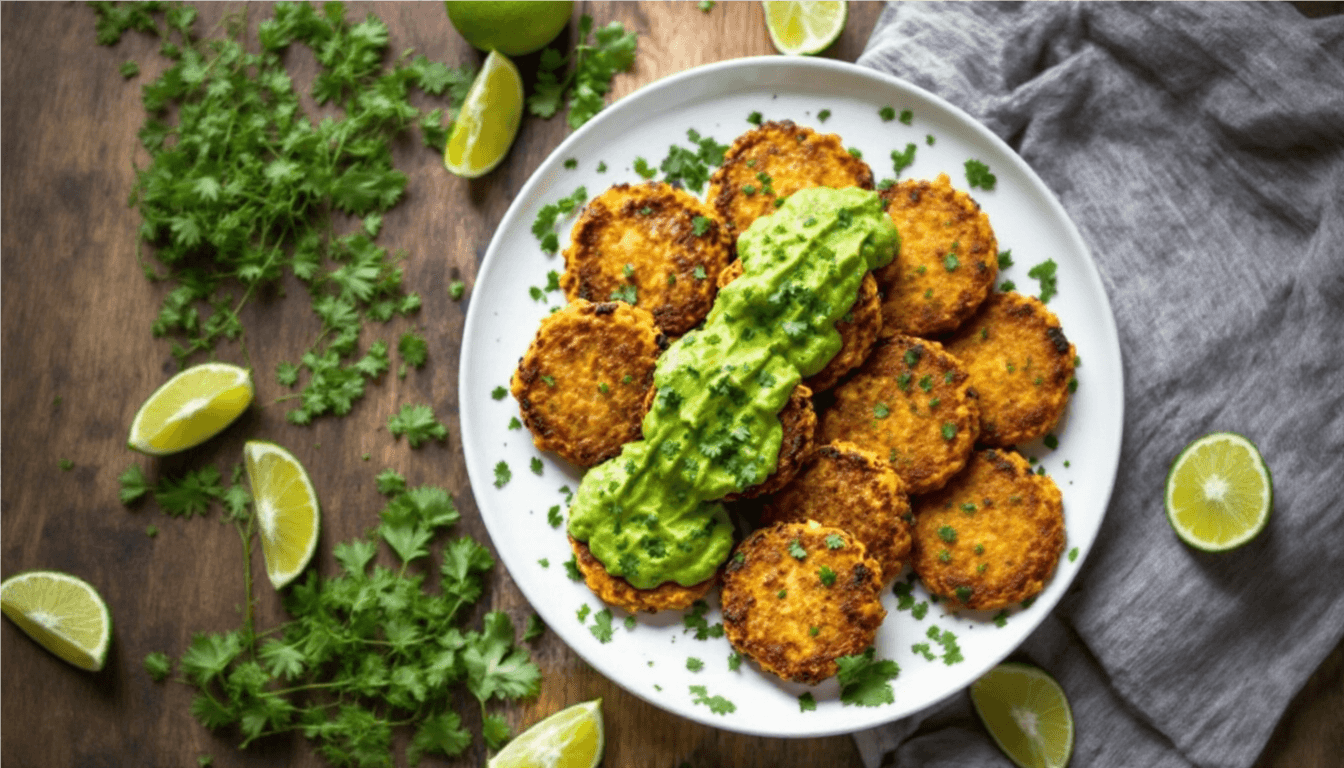 Sweet Potato and Red Lentil Patties with Creamy Avocado Cilantro Sauce