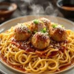 asian inspired spaghetti and meatballs