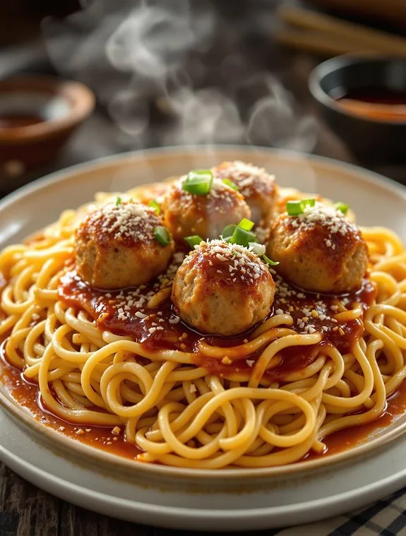 asian inspired spaghetti and meatballs