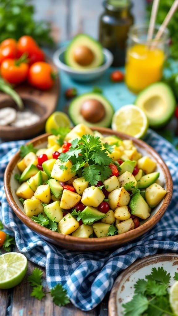 A bowl of Avocado Lime Potato Salad with diced potatoes, cherry tomatoes, and cilantro, surrounded by fresh ingredients.