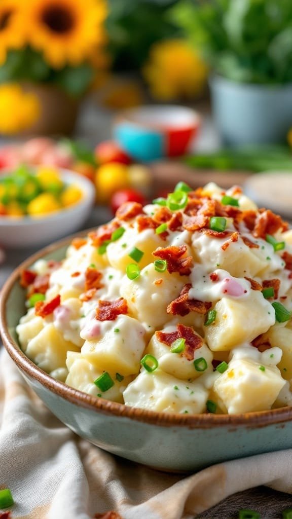 Delicious Bacon Ranch Potato Salad topped with crispy bacon and green onions in a bowl