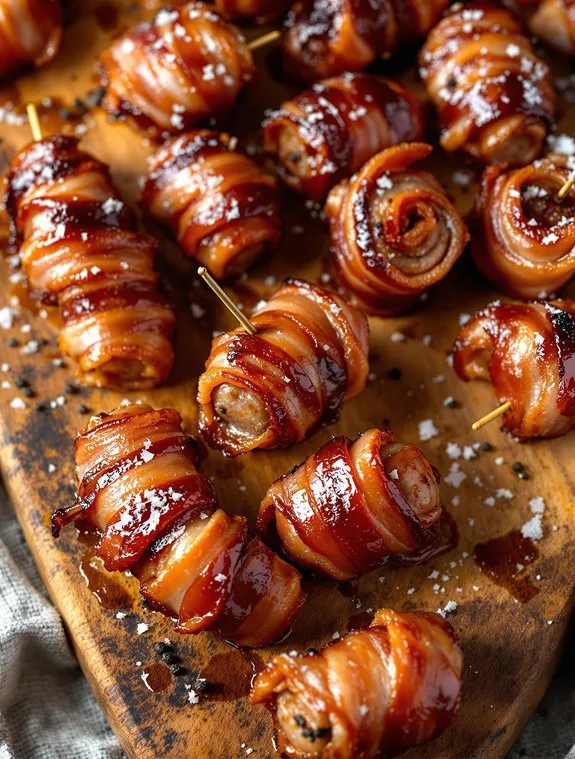 bacon wrapped sugary sausages baked