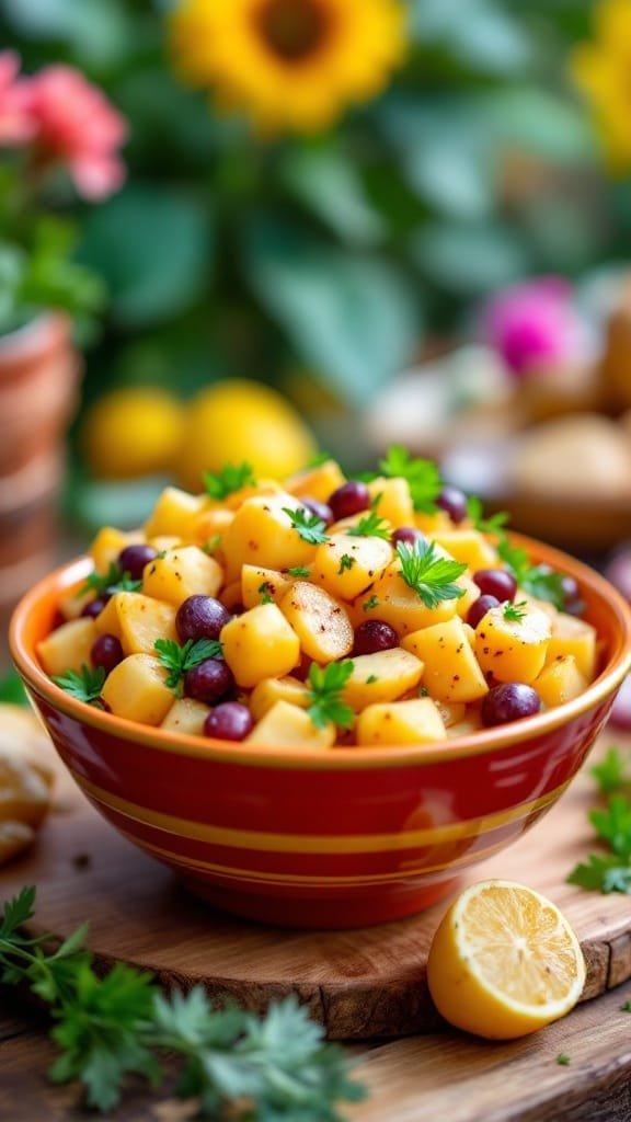 A colorful bowl of barbecue potato salad with fresh ingredients.