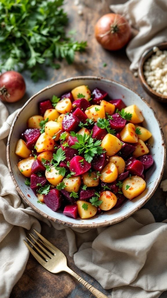 A bowl of beet potato salad with fresh parsley and golden potatoes