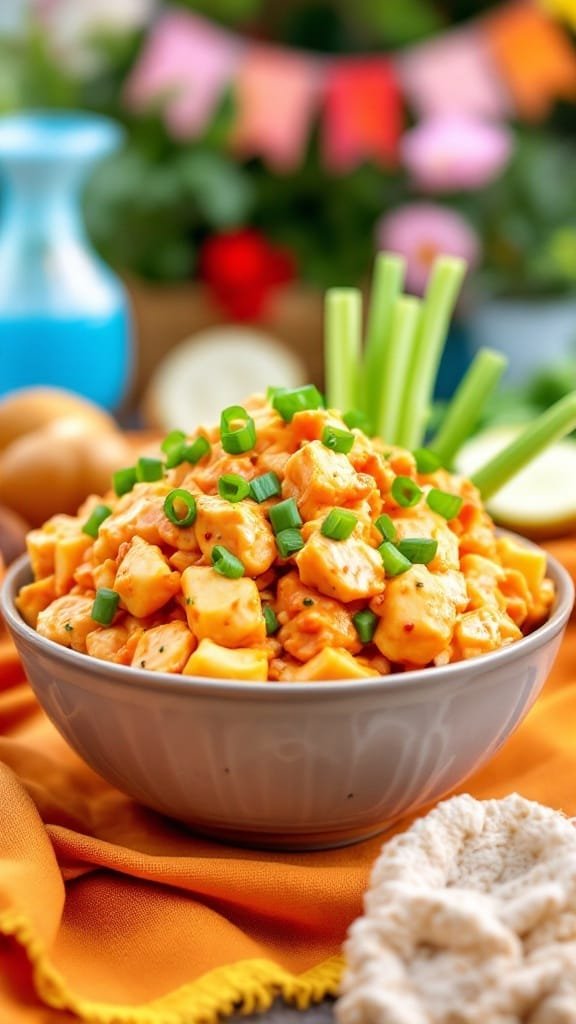 A bowl of Buffalo Chicken Potato Salad with green onions on top, sitting on an orange cloth.