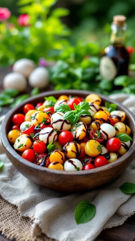 A bowl of Caprese Potato Salad with colorful potatoes, cherry tomatoes, mozzarella balls, and fresh basil.