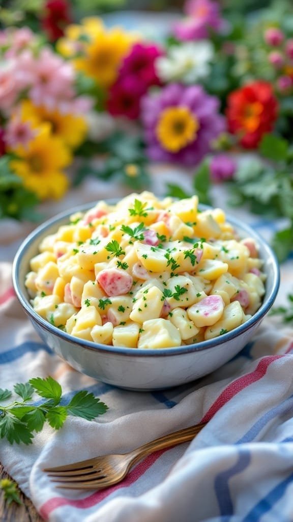Bowl of classic creamy potato salad with flowers in the background