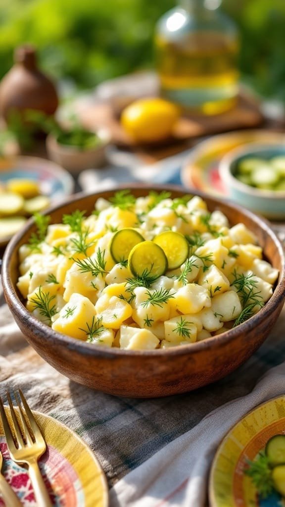 A bowl of Dill Pickle Potato Salad with potatoes, dill, and pickles, set on a picnic table.