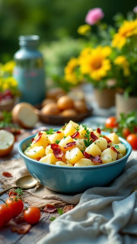 A vibrant bowl of German potato salad with bacon, surrounded by fresh vegetables and flowers