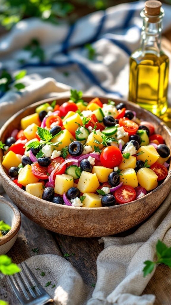 A colorful bowl of Greek potato salad with diced potatoes, cherry tomatoes, black olives, and feta cheese.