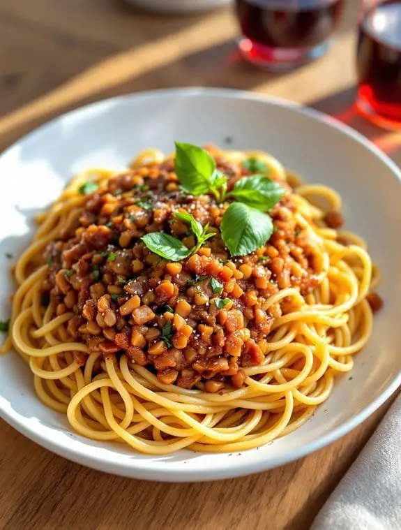 hearty lentil bolognese spaghetti