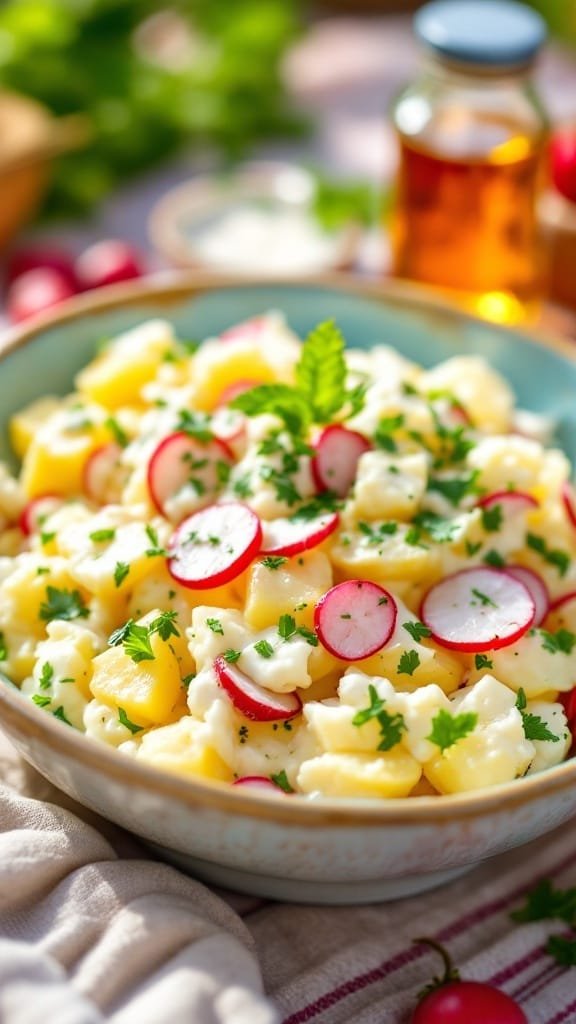 A colorful bowl of horseradish potato salad with radishes and herbs