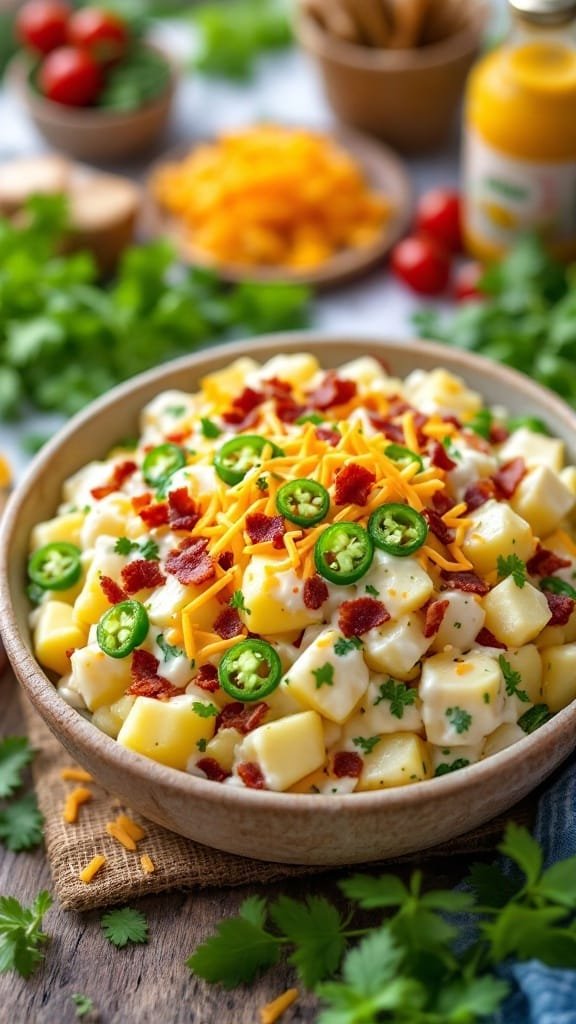 A bowl of Jalapeño Popper Potato Salad topped with jalapeños, cheese, and bacon