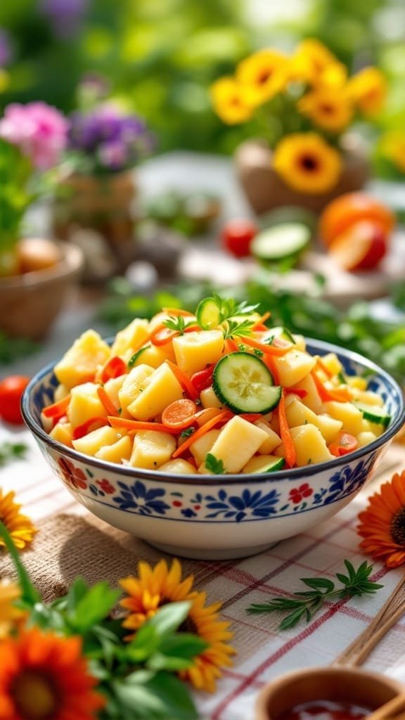 A bowl of colorful Japanese potato salad with diced potatoes, carrots, cucumbers, and fresh herbs, surrounded by flowers.
