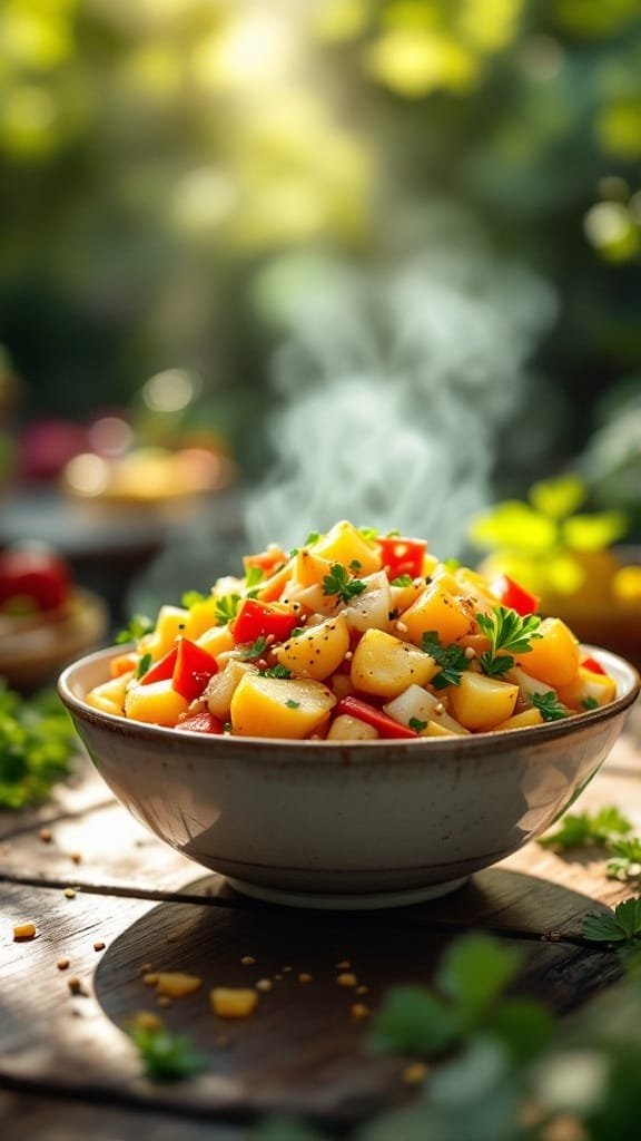 A bowl of Korean BBQ Potato Salad with colorful vegetables and herbs