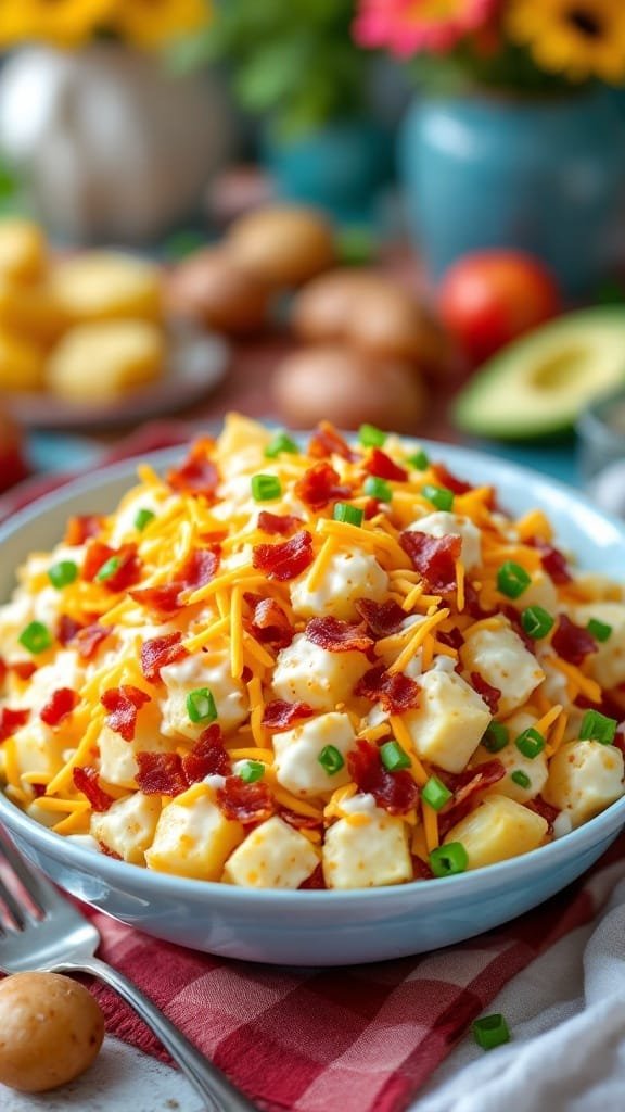 A delicious bowl of Loaded Baked Potato Salad topped with cheese, bacon, and green onions.