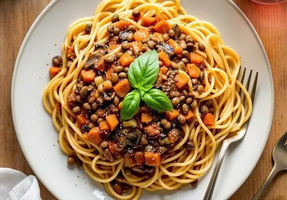 meatless lentil bolognese spaghetti