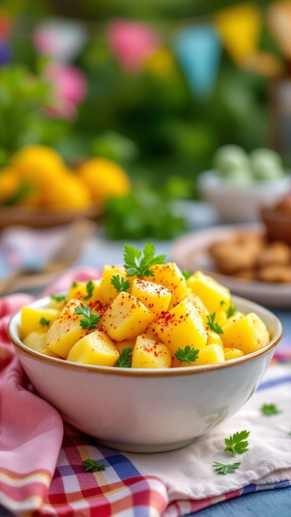 A bowl of mustard potato salad featuring diced yellow potatoes, garnished with herbs and spices.