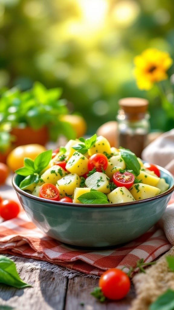 Bowl of pesto potato salad with cherry tomatoes and basil on a wooden table